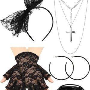 New Blulu 80s Fancy Dress Costume Accessories Cross Necklace& Black Headband Set